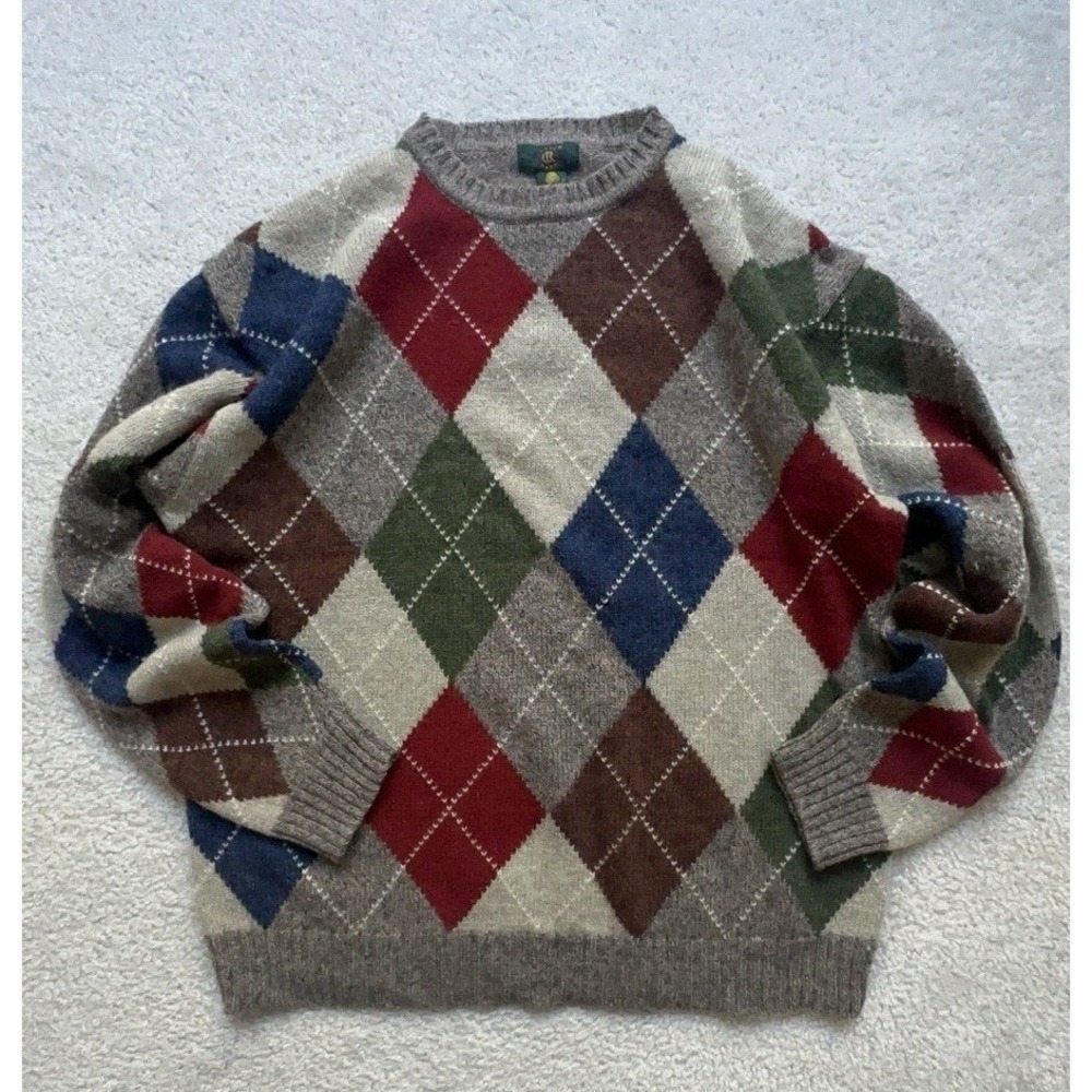 Vintage CLUB ROOM Argyle Sweater Men L Red Blue Green Shetland Wool Hong Kong